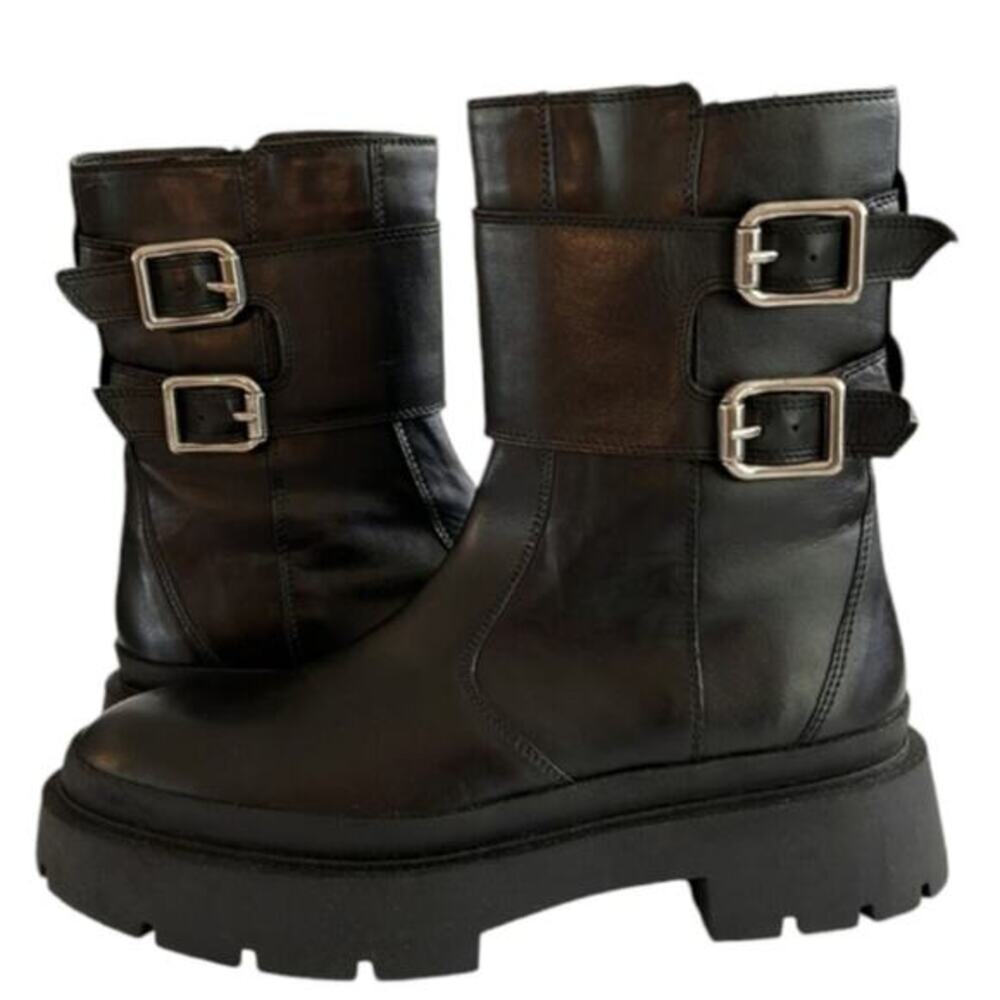 Zara Buckled Moto Goth Streetwear Lug SOLE Contemporary‎ Boots Size 37 US 6.5 - Picture 13 of 16